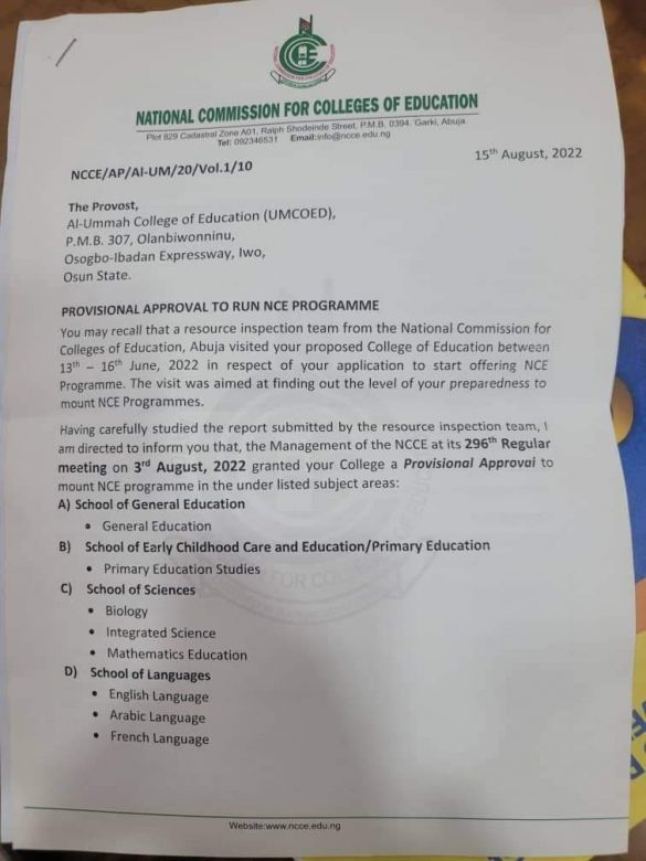 Oluwo Receives Taawun College of Education Approval Letter